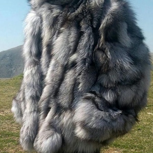 MEN&#39;S HOODED SILVER Frost Fox short Jacket!Brand New Real Natural Genuine Fur!