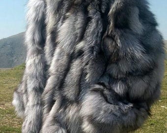 MEN'S HOODED SILVER Frost Fox short Jacket!Brand New Real Natural Genuine Fur!