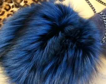 ROUND Royal blue FOX Fur Crossbody Bag!Brand New Real Natural Genuine Fur