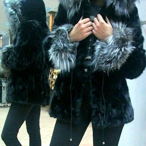 HOODED MINK FUR Fur Jacket with Silver Fox!Brand New Real Natural Fur!