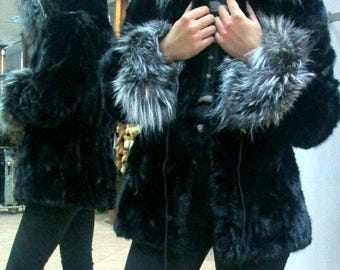 HOODED MINK FUR Fur Jacket with Silver Fox!Brand New Real Natural Fur!