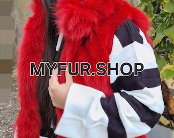 RED COLORED FOX Fur Vest!Brand New Real Natural Genuine Fur