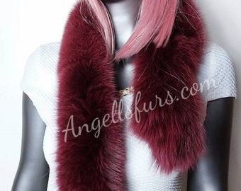 Two Light BURGUNDY FOX Fur Scarf!Brand New Real Natural Genuine Fur!