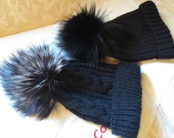 New!Modern knitted Black  Beanie cap  with Real Fox pompon on the top!