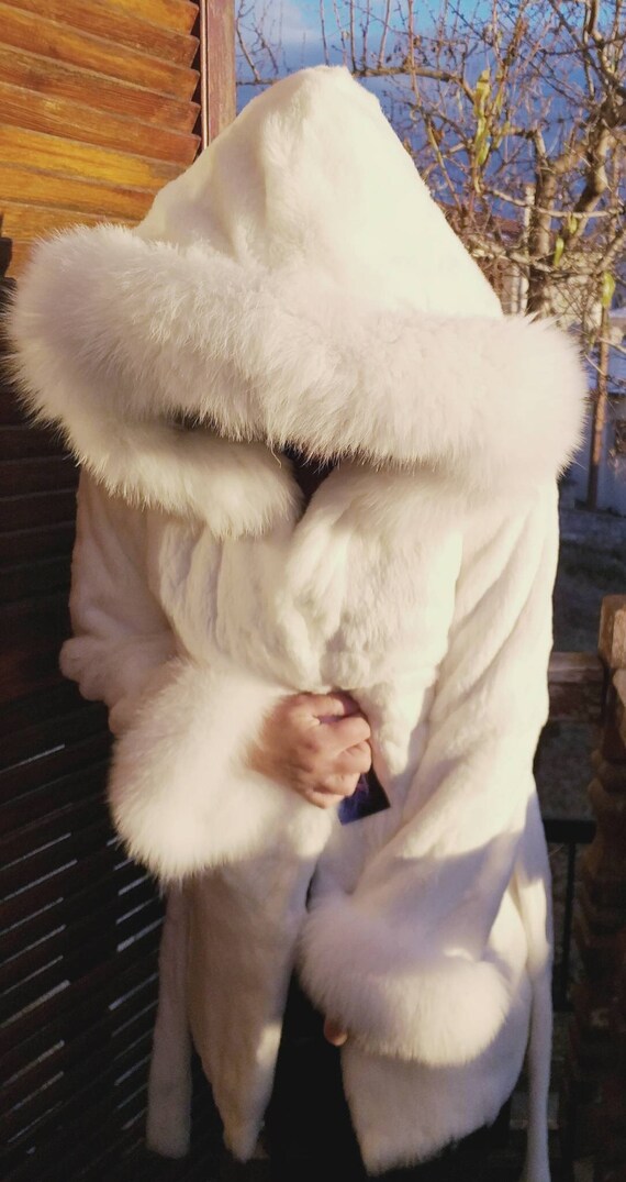 HOODED WHITE RABBIT Sheared Fur Coat With Foxbrand New Real