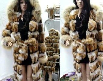 HOODED LONG RED Fox Furcoat!Brand New Real Natural Genuine Fur!