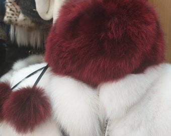 BORDEAUX FOX Fur HAT!Brand New Real Natural Genuine Fur!