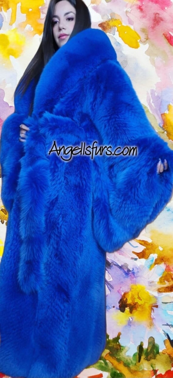 ロイヤルブルーフォックス着物スタイルのフルペルツロングファーコート