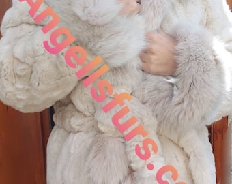 NEW HOODED REX fur coat!Real Natural Genuine Fur Coat!