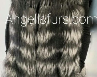 LONG SILVER Fullskin FOX Fur Vest!Brand New Real Natural Genuine Fur