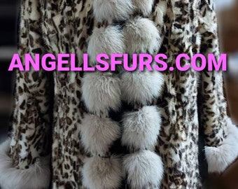 New Natural Real Hooded ANIMAL PRINT MINK Fur Coat with Fox!Order Any color!