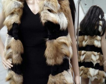 RED FOX LONG Fur vest with black fur straps!Brand New Real Natural Genuine Fur