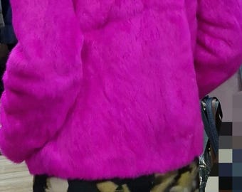 FUCHSIA RABBIT FUR Jacket!Brand New Real Natural Genuine Fur!