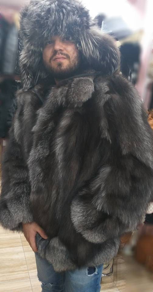 MEN'S New!Real Natural SILVER FOX Fur Coat!