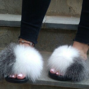 Silver and White FOX Fur SLIDES!Brand New Real Natural Genuine Fur!