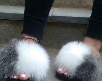 Silver and White FOX Fur SLIDES!Brand New Real Natural Genuine Fur!