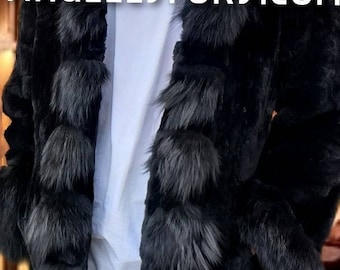 MEN'S HOODED Rex fur coat with FOX!Brand New Real Natural Genuine Fur!