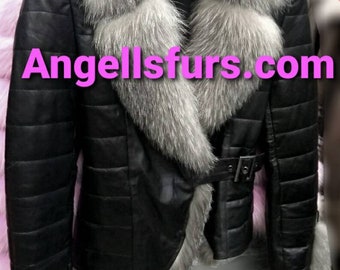 SUPER WAISTED Leather Jacket with Silver  Fox collar!