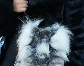 New!Natural,Real Silver kross Small FOX FUR Bag!