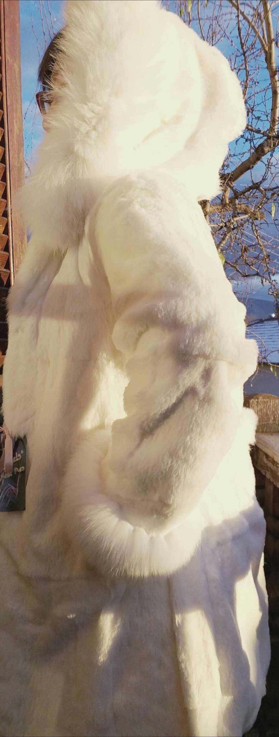 Wool Rabbit Sheared HOODED WHITE RABBIT Sheared Fur Coat With Fox!brand New Real Natural ...