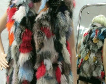 MULTICOLOR FOX fur Vest!Brand New Real Natural Genuine Fur