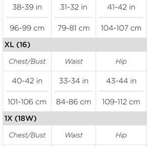 May include: Size chart for clothing with measurements in inches and centimeters. Sizes include L (12-14), XL (16), and 1X (18W). Measurements are provided for chest/bust, waist, and hip.