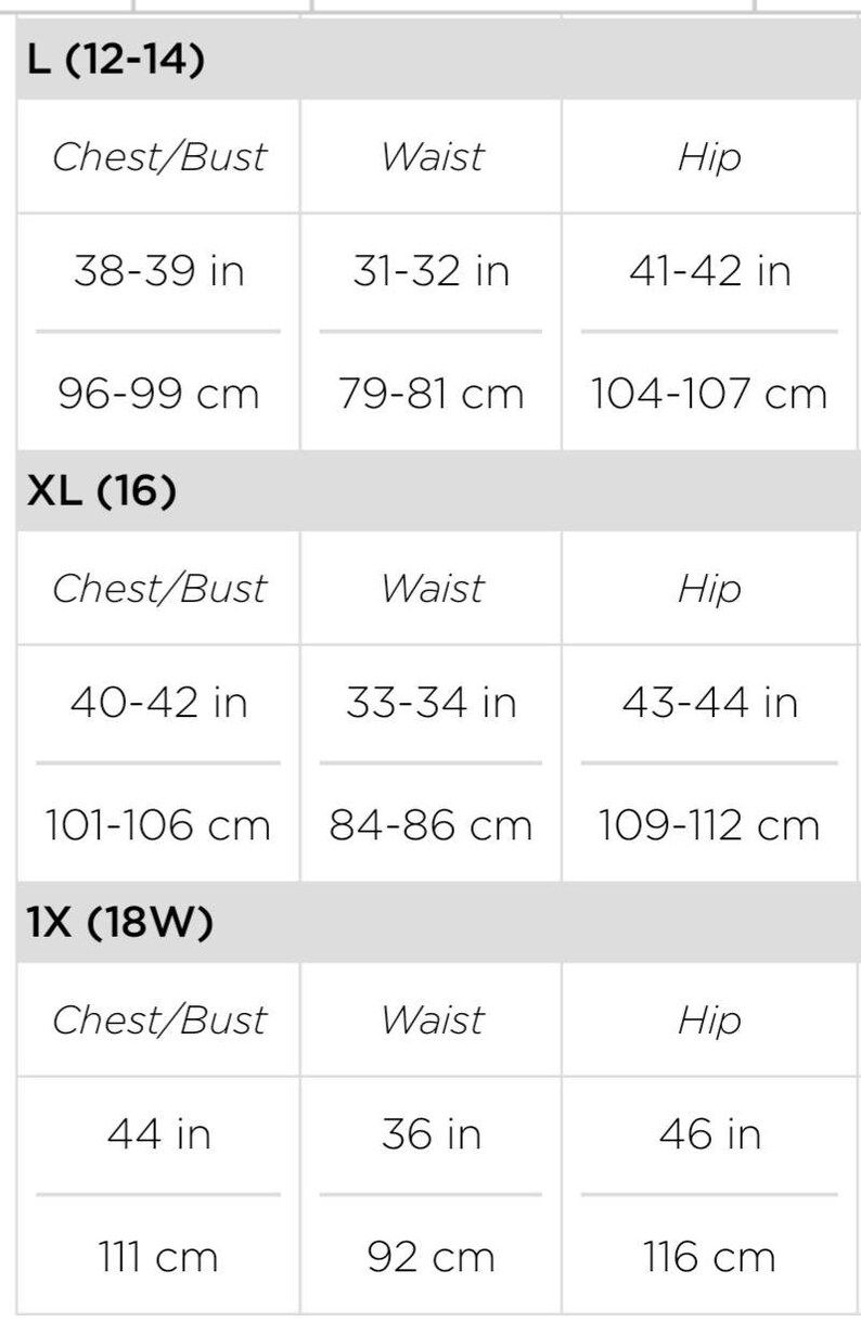 May include: Size chart for clothing with measurements in inches and centimeters. Sizes include L (12-14), XL (16), and 1X (18W). Measurements are provided for chest/bust, waist, and hip.