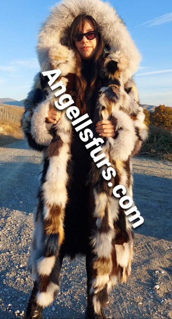 FOX MULTICOLORS LONG Fur Coat!brand New Real Natural Genuine Fur