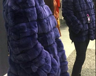 PURPLE HOODED REX fur coat!Order Any color!Brand New Real Natural Genuine Fur!