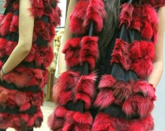Long RED colored FOX Fur Vest!Brand New Real Natural Genuine Fur