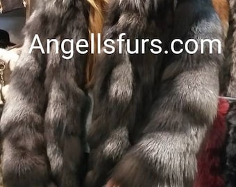 New!Natural Real SILVER fox Hooded Fur Coat