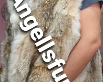 MEN'S HOODED COYOTE Vest!Knee length!Brand New Real Natural Genuine Fur!