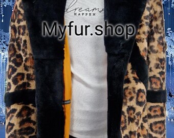 MEN'S ANIMAL PRINT Rabbit with Rex Fur coat!Brand New Real Natural Genuine Fur!