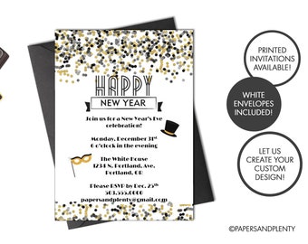 Printed 2020 New Year's Eve Party Invite | Happy New Year | Holiday Cocktail Party Invite | Black & Gold New Year's Eve Confetti Invitation