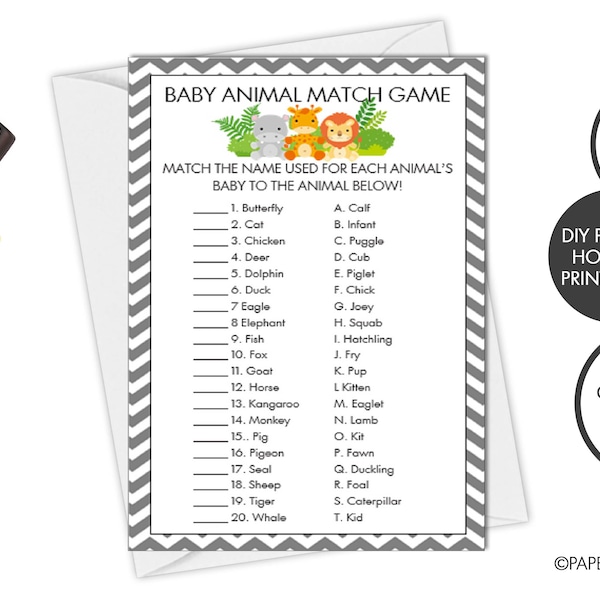 DIGITAL FILE - Baby Animal Match Game + Answer Key | Baby Shower Game | Chevron Baby Shower | Baby Shower Game Card | Baby Sprinkle Game