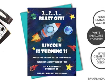 Digital or Printed Space Birthday Invitation | 3, 2, 1 Blast Off! | 3rd Birthday Invitation | Boys Space Theme Invite | Rocket Invitation