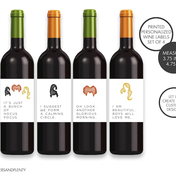 Printed Set of 4 Halloween Wine Labels, Witches Wine Labels, Halloween Wine Gifts, Halloween Party Wine Labels, Champagne Bottle Labels