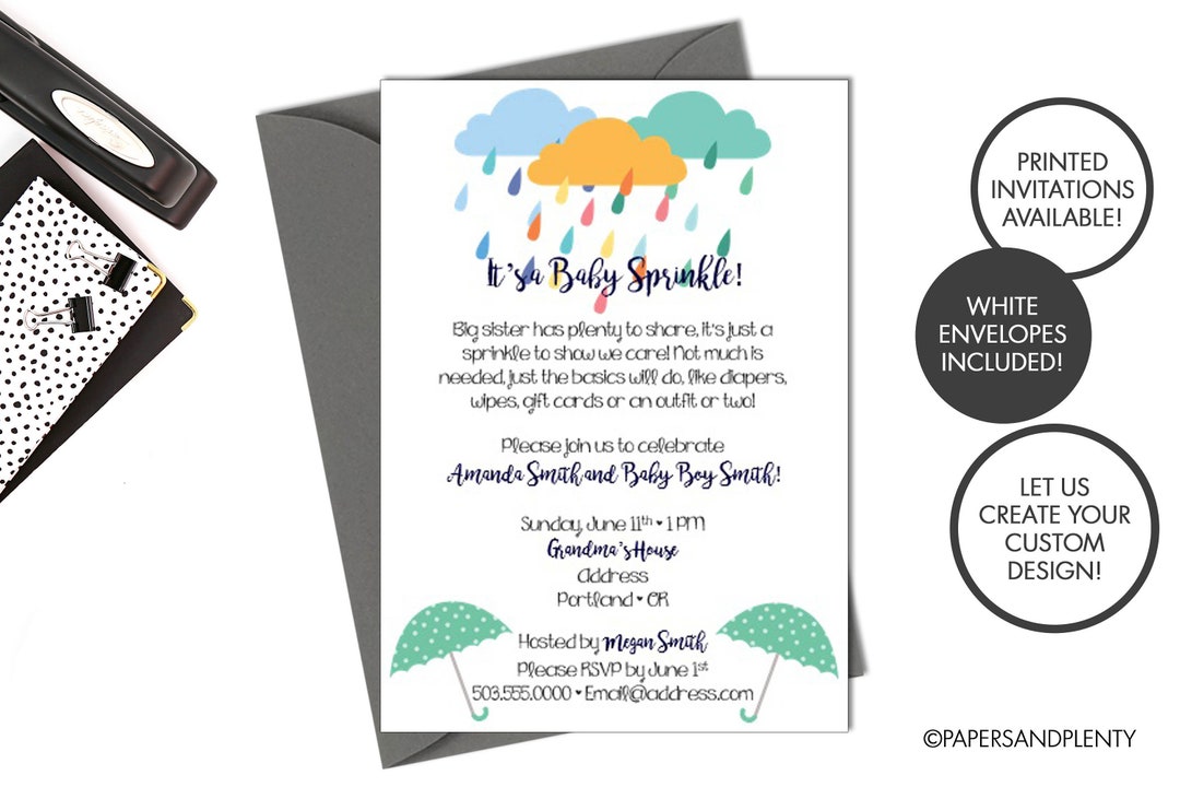 Digital or Printed Sprinkle Baby Shower Invitation Rain Clouds & Umbrellas Sprinkle Invite Baby