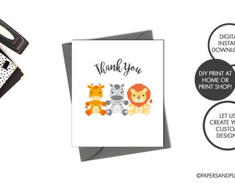 DIGITAL FILE - Jungle Baby Shower Thank You Cards | Safari Animal Cards | Baby Shower Thank You Cards | Kid's Thank You Note | Baby Sprinkle