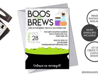 May include: A Halloween party invitation with a black cauldron, green potion, and two potion bottles. The invitation reads "Boo's and Brews" and includes the date, time, and location of the party. The text also says "Costumes are encouraged!"