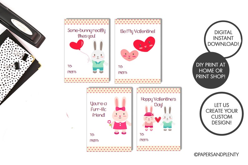 DIGITAL FILE Bunny Valentine Cards for Kids DIY set of 4 Animal Valentine Cards Kid's Valentine Cards Valentine's Day Printable image 1