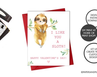 DIGITAL FILE - Printable Sloth Valentine's Day Cards for Kids Set of 4 (DIY) | Animal Valentine Cards | Kids Valentine Cards | Instant