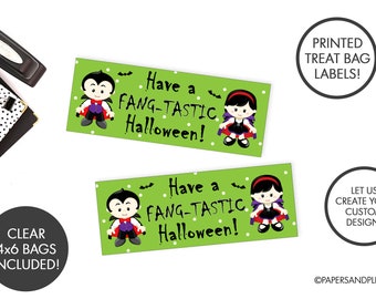 Printed Halloween Goodie Bags and Tags, Clear Treat Bag, Halloween Class Party Treat Bags, Fang-Tastic Halloween, Halloween Party Bag Favor