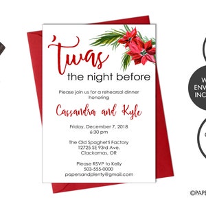 Printed Winter Wedding Rehearsal Dinner Invitation | &#39;Twas the Night Before Wedding Rehearsal Invitation |Christmas Wedding Rehearsal Dinner