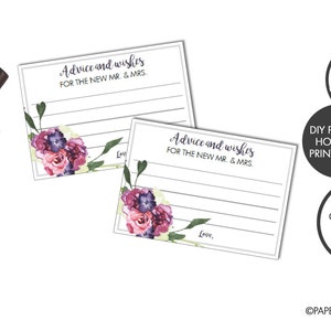 DIGITAL FILE - Peony/Floral "Advice & Wishes for the New Mr. and Mrs." Bridal Shower Cards | Bridal Shower Games | New Couple Advice Card