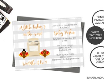 Digital or Printed Turkey Baby Gender Reveal Invitation, Boy or Girl Waddle It Be, Turkey Baby Shower, Thanksgiving Gender Reveal Party