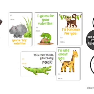 DIGITAL FILE - Printable Safari Animal Valentine Cards for Kids (DIY) set of 7 | Animal Cards for Kids | Kids Valentine Cards | Valentine