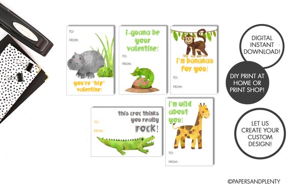 DIGITAL FILE  Printable Safari Animal Valentine Cards for