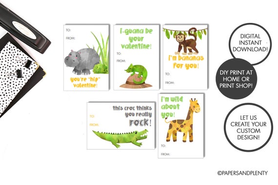 DIGITAL FILE Printable Safari Animal Valentine Cards for
