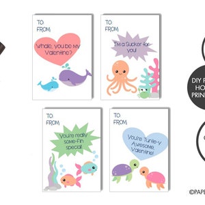 DIGITAL FILE - Printable Sea Life Animals Valentine&#39;s Day Cards for Kids Set of 4 (DIY) | Animal Valentine Cards | Kids Valentine Cards